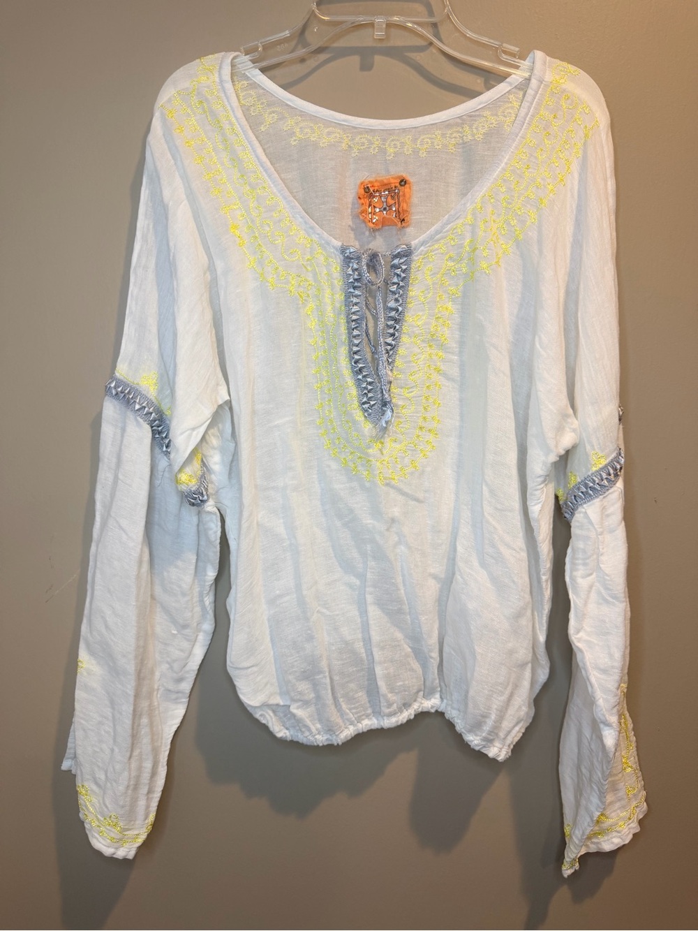 Free People White Peasant Tunic with Yellow and Gray Embroidery